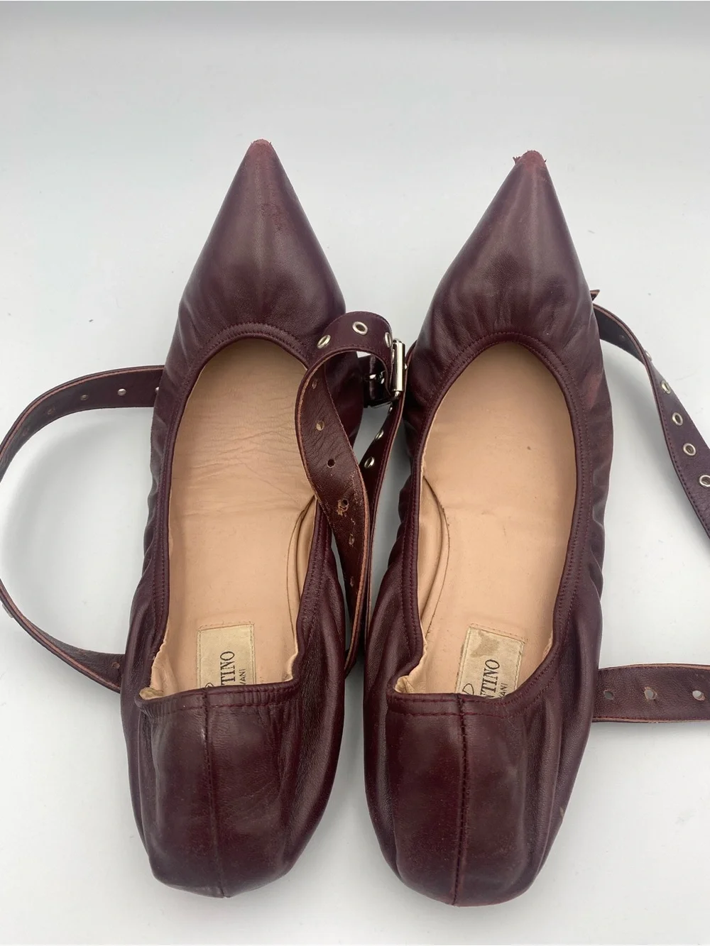 Valentino Pointed Leather Flats with Studded Double Straps - Brown